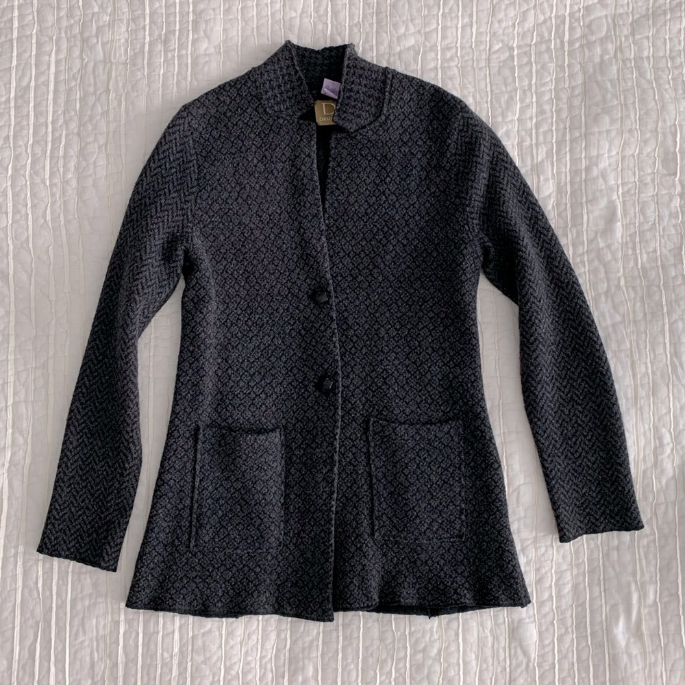 DAMASK brand grey and black multi pattern fitted but stretchy fabric jacket.